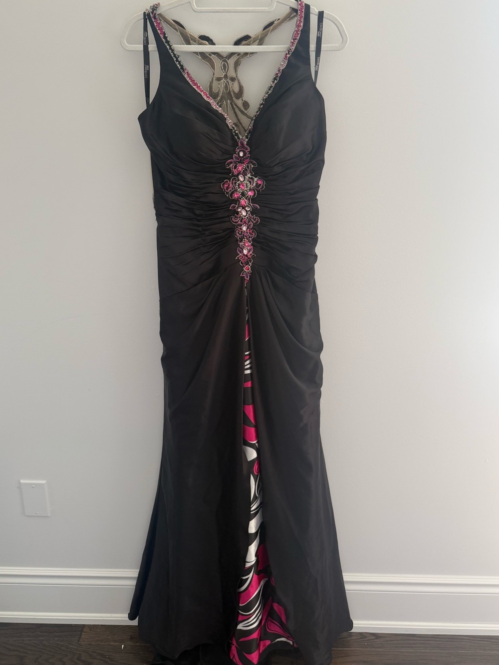Vintage Tony Bowls Paris Y2K Rhinestone Prom Gown Black Pink Formal Dress Size14